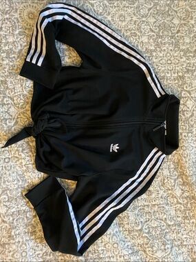 adidas Black Cropped Jacket, ties at the waist  White Three-Stripe Detail